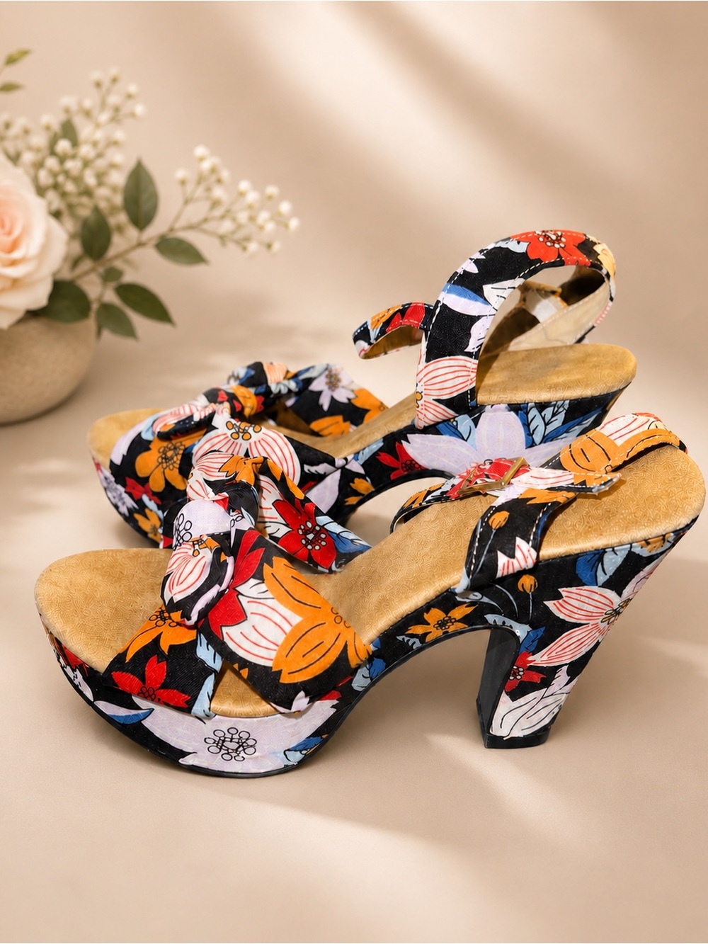SHEIN Black Floral Platform Heel Sandals with Multicolor Print-NEW in Box